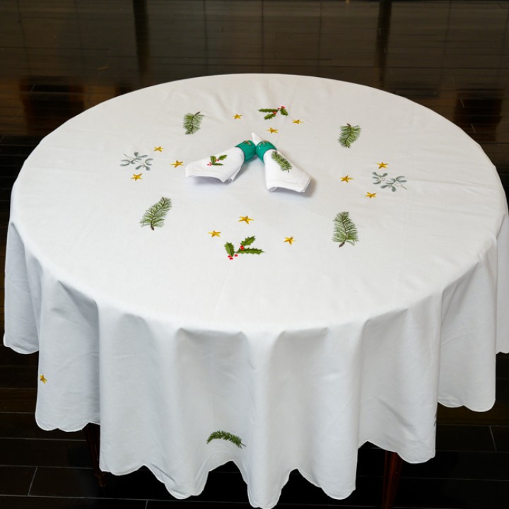 Christmas round table cloth included with 8 napkins-Pine leaf embroidery (size 180 cm)